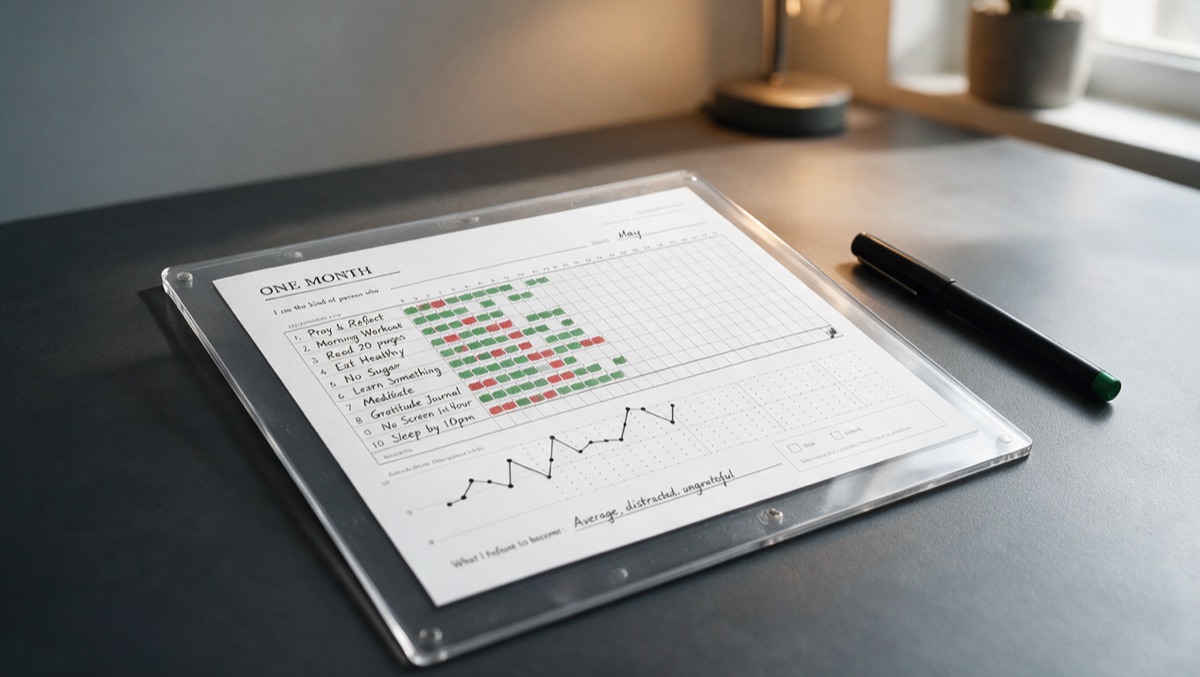 The One Month tracker in a clear acrylic pouch on a dark desk, a month of green and red marks filled in, the line graph plotted below, a wet-erase marker beside it