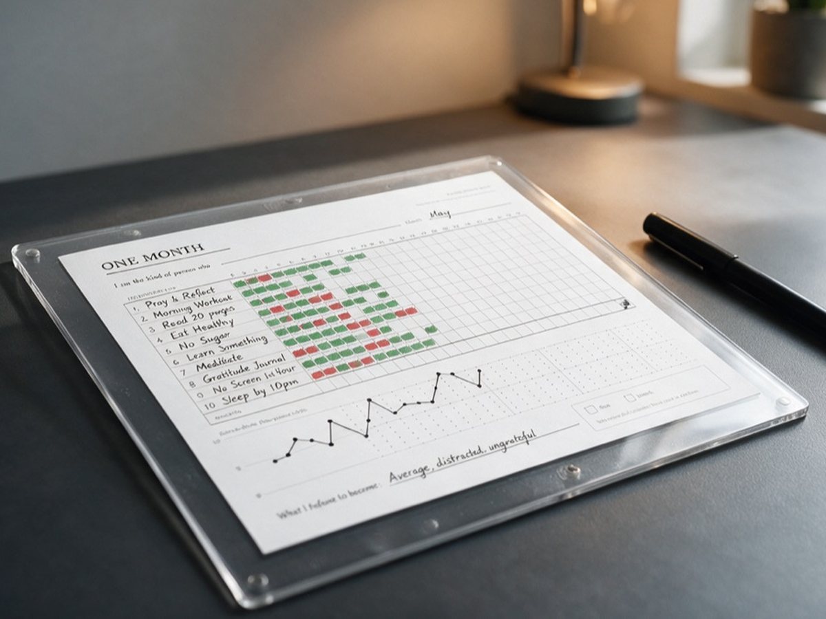 The One Month tracker in a clear pouch on a dark desk, a month of marks filled in